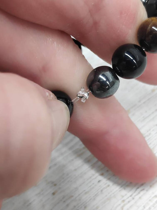 Hematite, Black Obsidian, Tiger Eye Beaded Bracelet, Triple Protection Stretch Bracelet, Gemstone Bracelet,Energy Healing Gift For Boyfriend