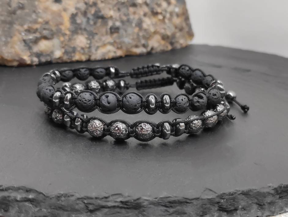 Lava Hematite beads bracelet, Black Beads Bracelet, Macrame Adjustable Beaded Bracelet Natural Gemstone,Handmade protection grounding