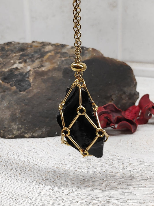 Raw Obsidian Necklace, Stainless Steel Cage Replaceable Crystal Pendant Necklace, Rough Black Obsidian Pendant, Protection Jewelry women