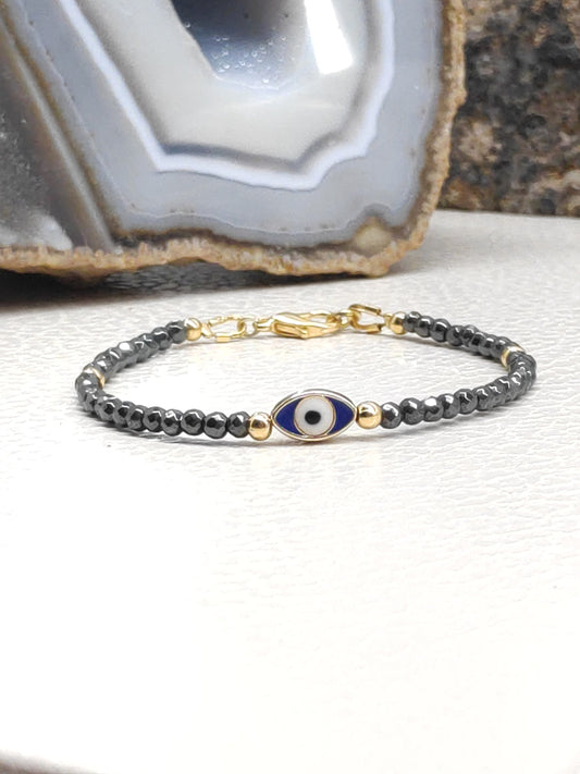 Evil eye bracelet, Faceted Hematite beaded bracelet, Healing Stone Grounding Protection Gemstone handmade jewelry, gift for girlfriend