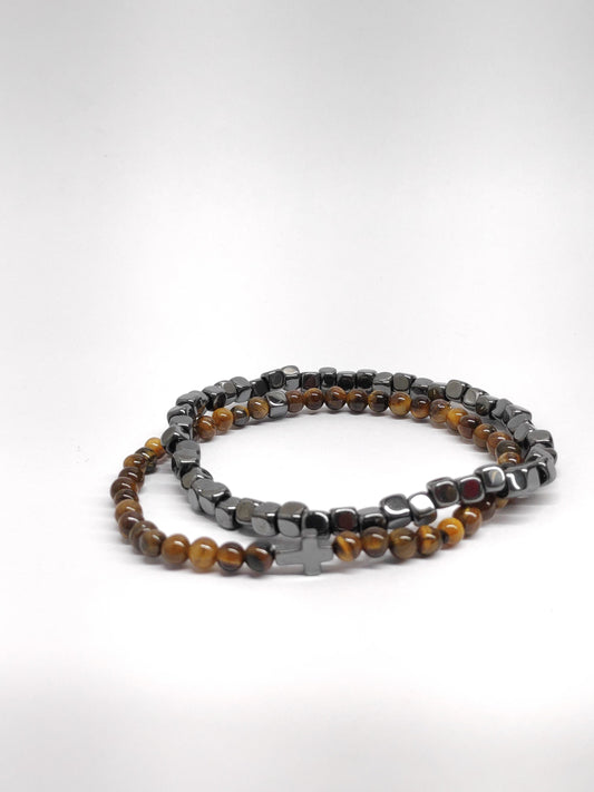 Hematite Cubes, Tiger eye beaded Stretch Bracelet Men, Natural Gemstone Balancing Energy Grounding Healing Protection Bracelet