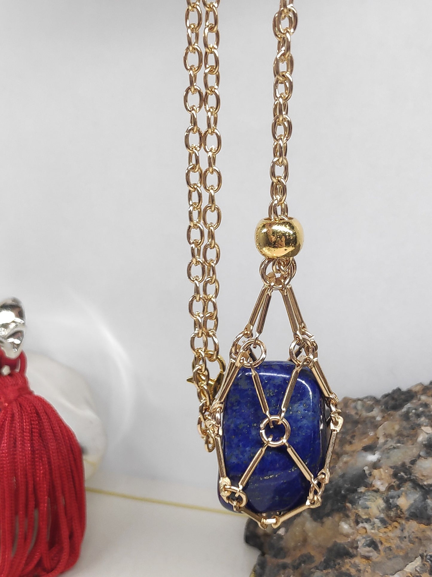Lapis lazuli Necklace, Metal Cage Crystal Holder Pendant Necklace, Natural Lapis Pendant, Gemstone,Protection Healing, lapis Jewelry