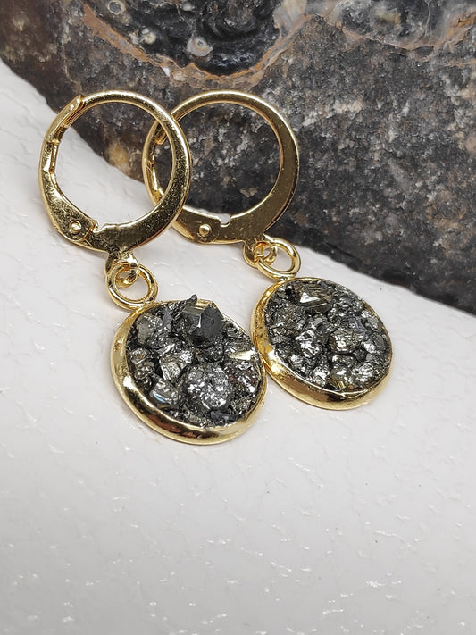 Natural Raw Iron Pyrite Cluster Cubes Earrings, Stainless steel, gold plated, Handmade Healing Protection Bohemian Trendy Dainty Elegant Gem