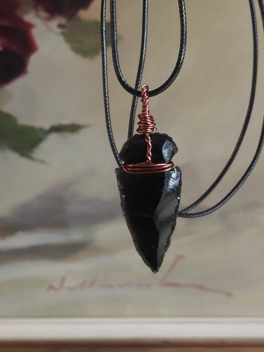 Carved Arrowhead Crystal Pendant Raw Black Obsidian Arrow Necklace Wire Wrap Stone, amulet, Energy Protection Healing