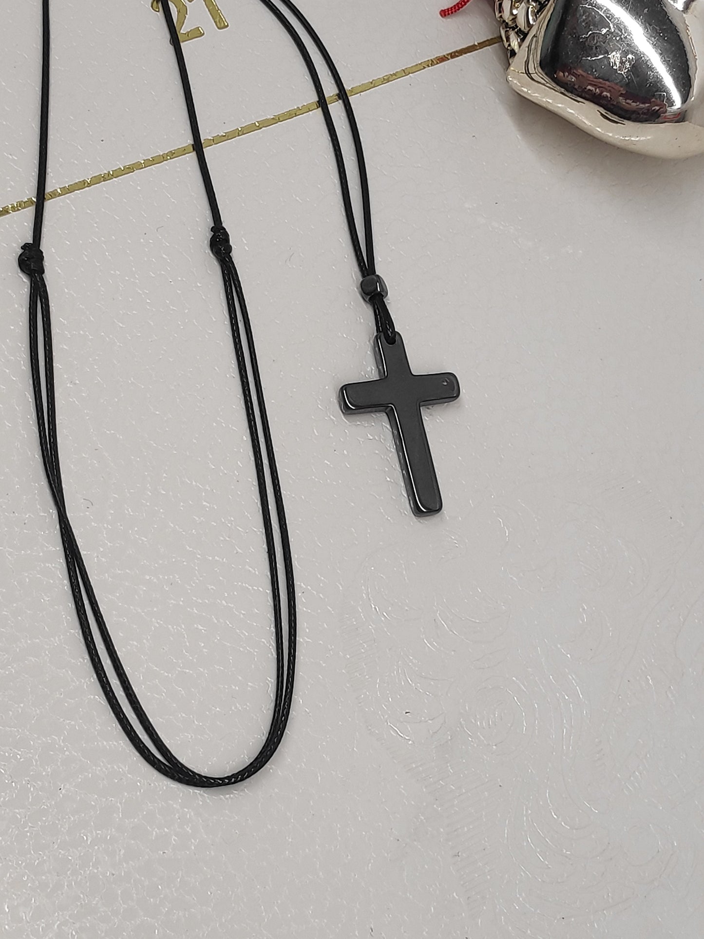 Hematite Cross Pendant Necklace, Christian Religious Classic Cross Charms Gemstone Cross, black cord necklace Men , Gift for beliver
