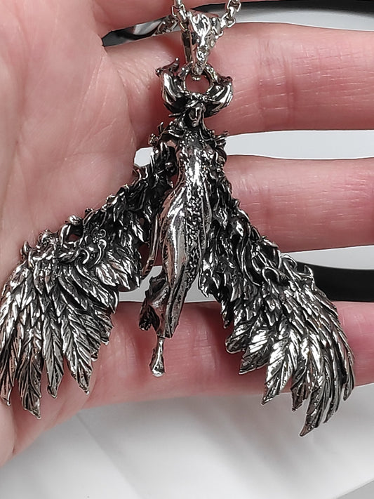 Vintage Gothic Mythological goddess, Wings angel, retro punk trendy street cool charm large Pendant Necklace for men/ women, gift for men