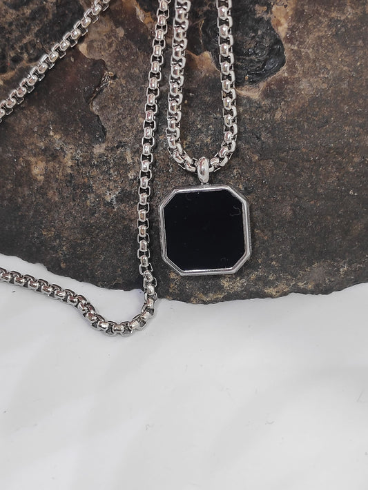 Exquisite Black Enamel Square Pendant Necklace Man - geometric pendant stainless steel round box chain men's jewelry accessories