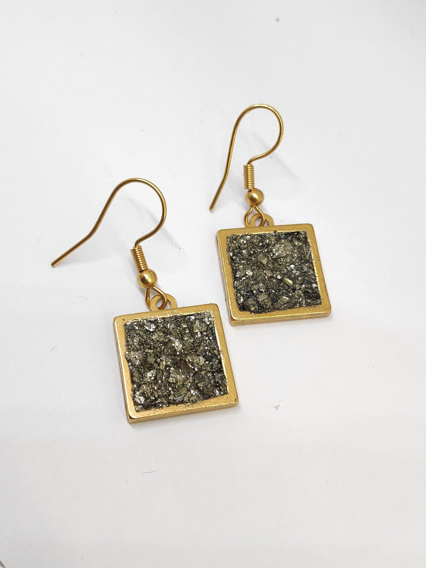 Raw Pyrite in Square cabochon, hooks stainless steel Earrings, wealth stone,bohemian,dainty, Healing, Protection, handmade,natural gemstone