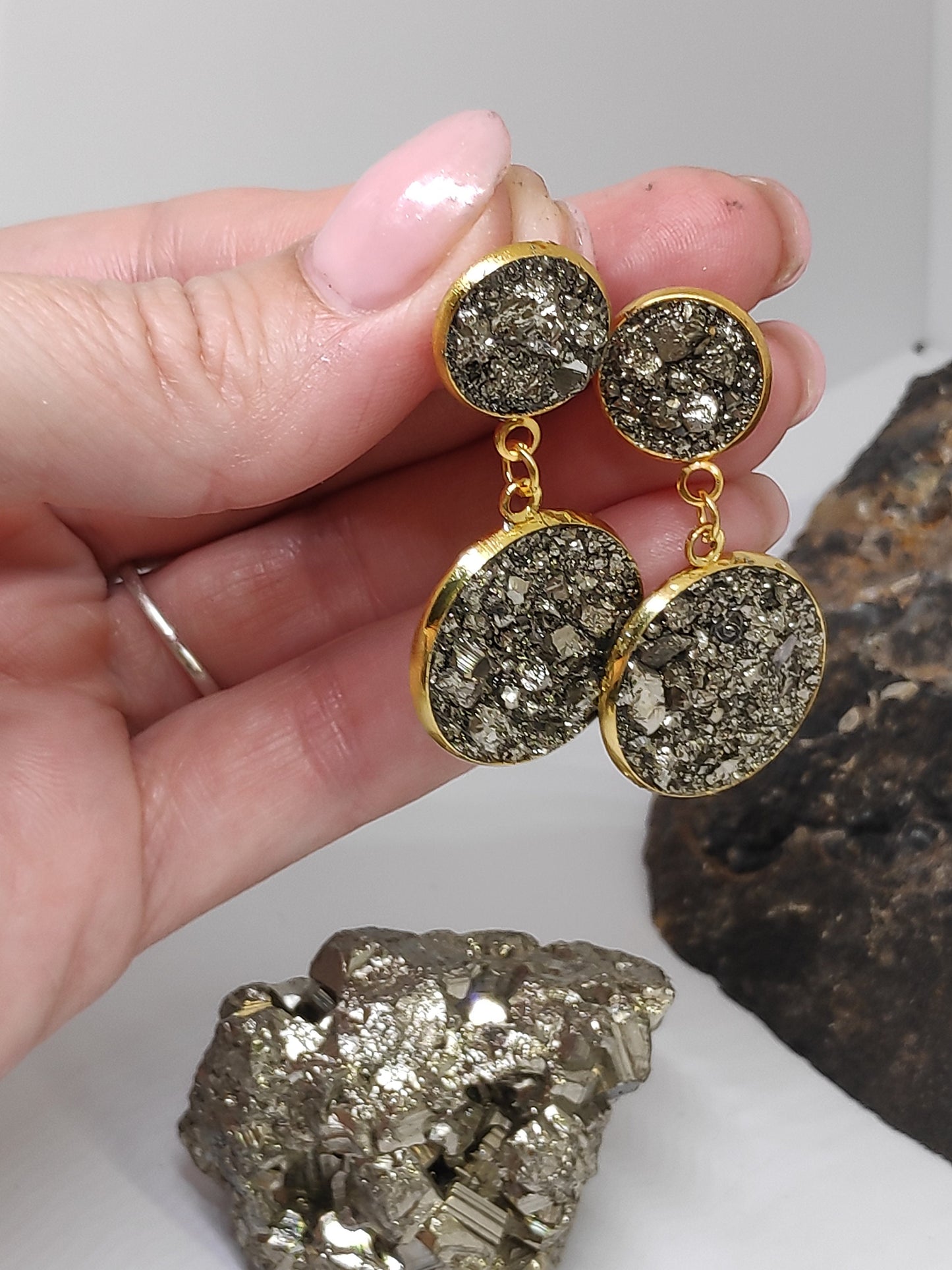 Earrings with Raw Pyrite, sparkly Earrings, Stainless steel gold plated, Handmade Healing Protection Bohemian Dainty Elegant Natural Gem