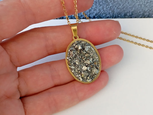 Oval cameo cabochon with Pyrite,charm pendant necklace, raw Iron pyrite Cube crystal,gem, Wealth stone, Handmade Protection Jewellery, gift