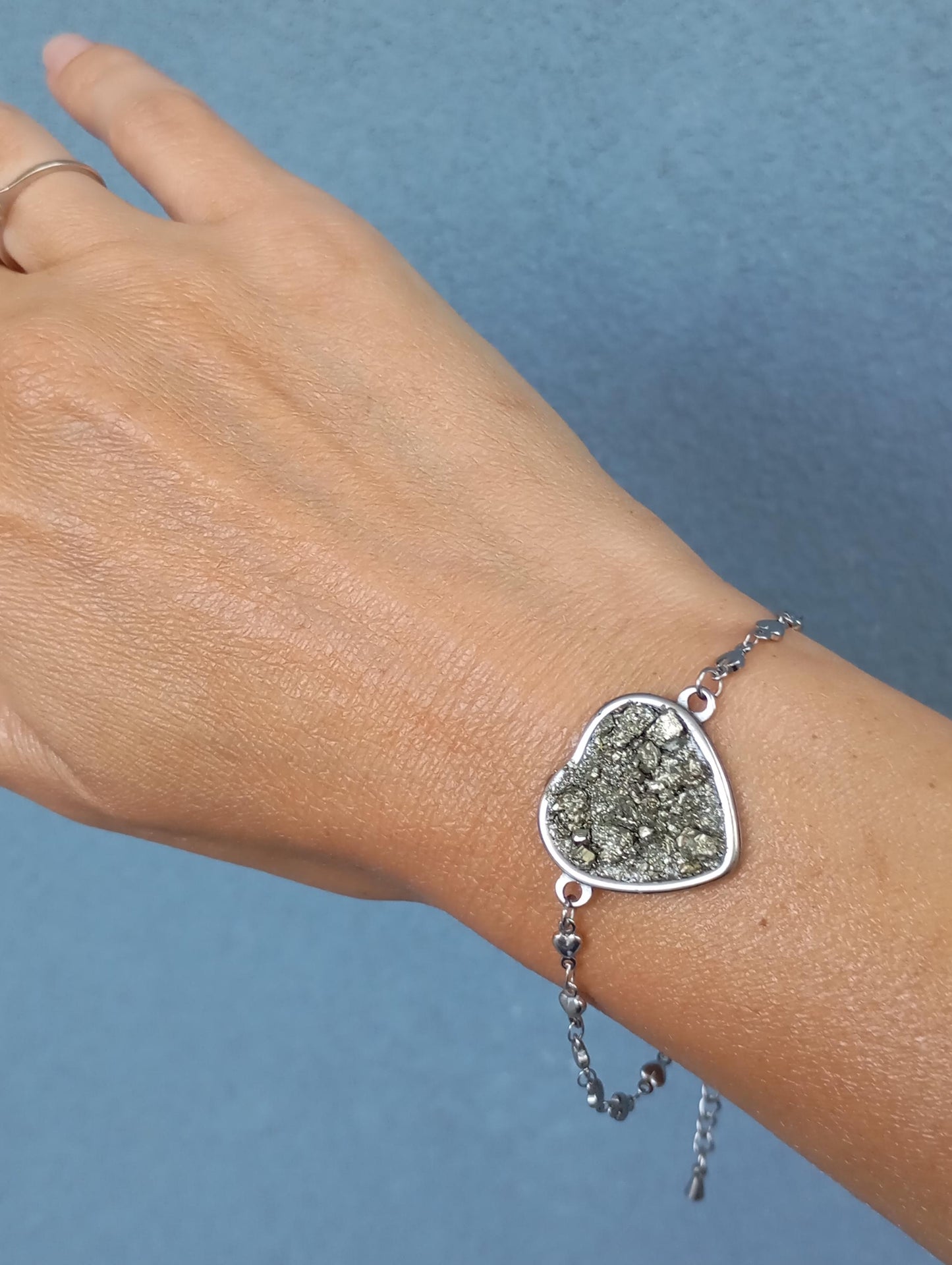 Heart cabochon with Raw Iron Pyrite Bracelet, Stone for Wealth,natural gem, stainless steel bracelet heart links chain bracelet protection