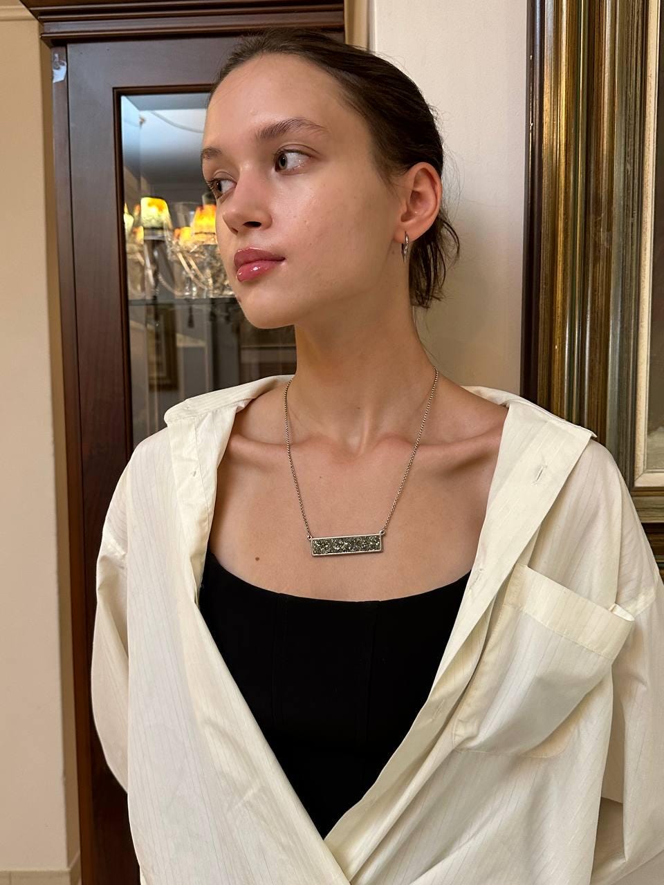 Raw Pyrite rectangular Pendant Chain Necklace, Wealth stone,Natural Gemstone, Handmade gorgeous dainty bohemian Protection healing stone