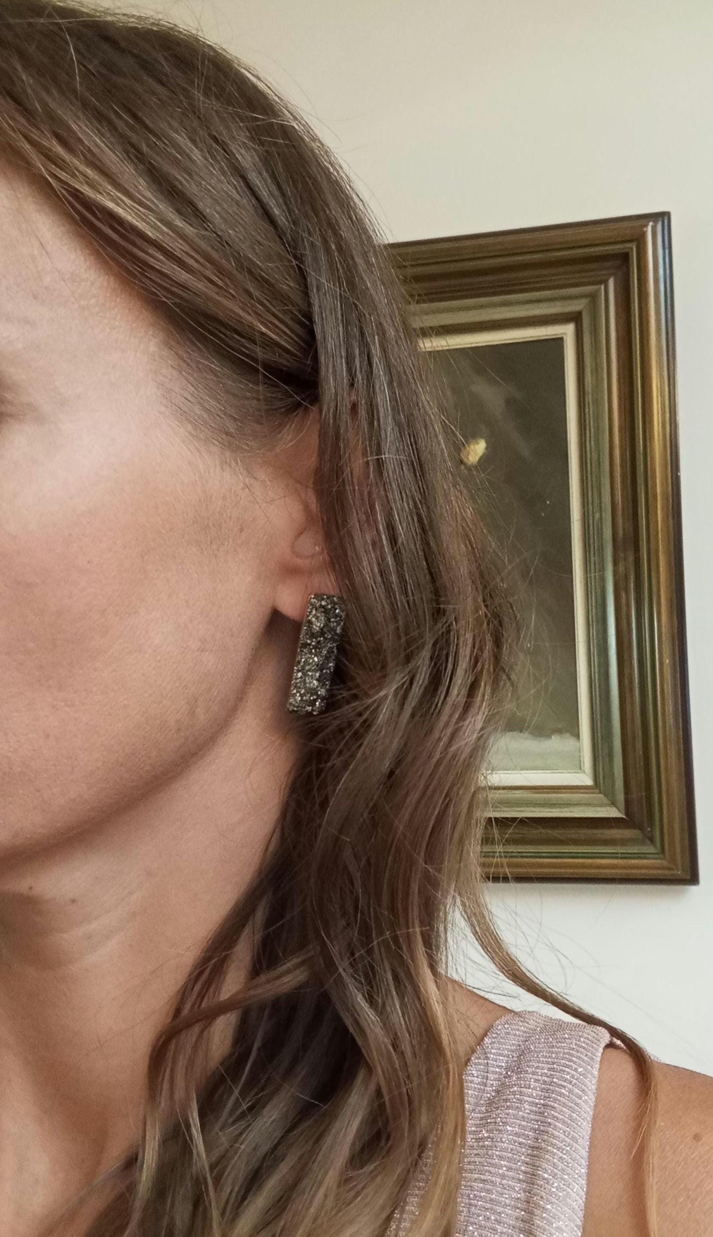 Pyrite Rectangular Studs Earrings, Wealth stone Healing Protection earrings, raw Iron Pyrite earrings, handmade, dainty, gemstone