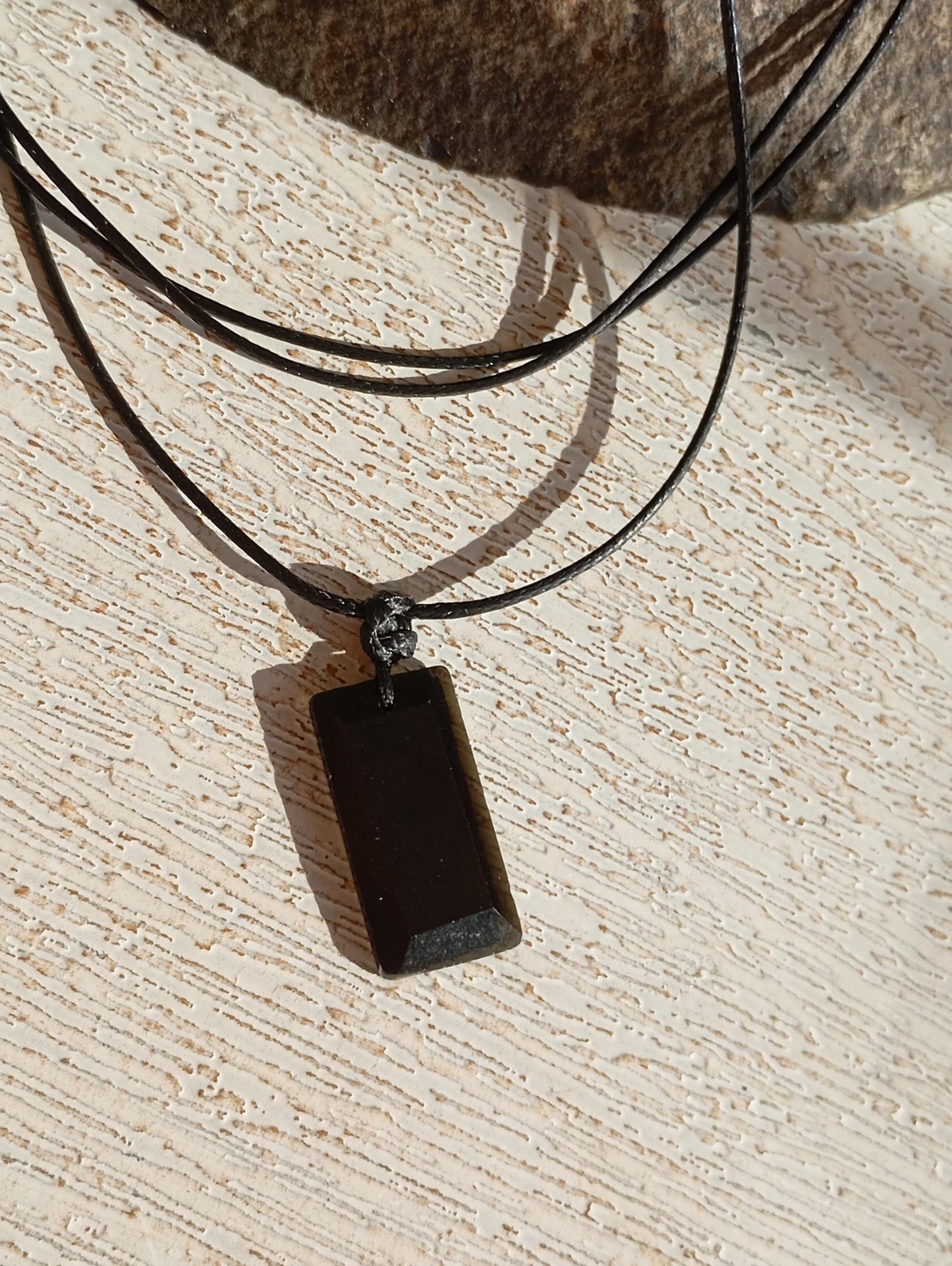 Black Obsidian Rectangular Pendant Necklace, adjustable black cord, Healing Protection fashion casual necklace, natural gemstone