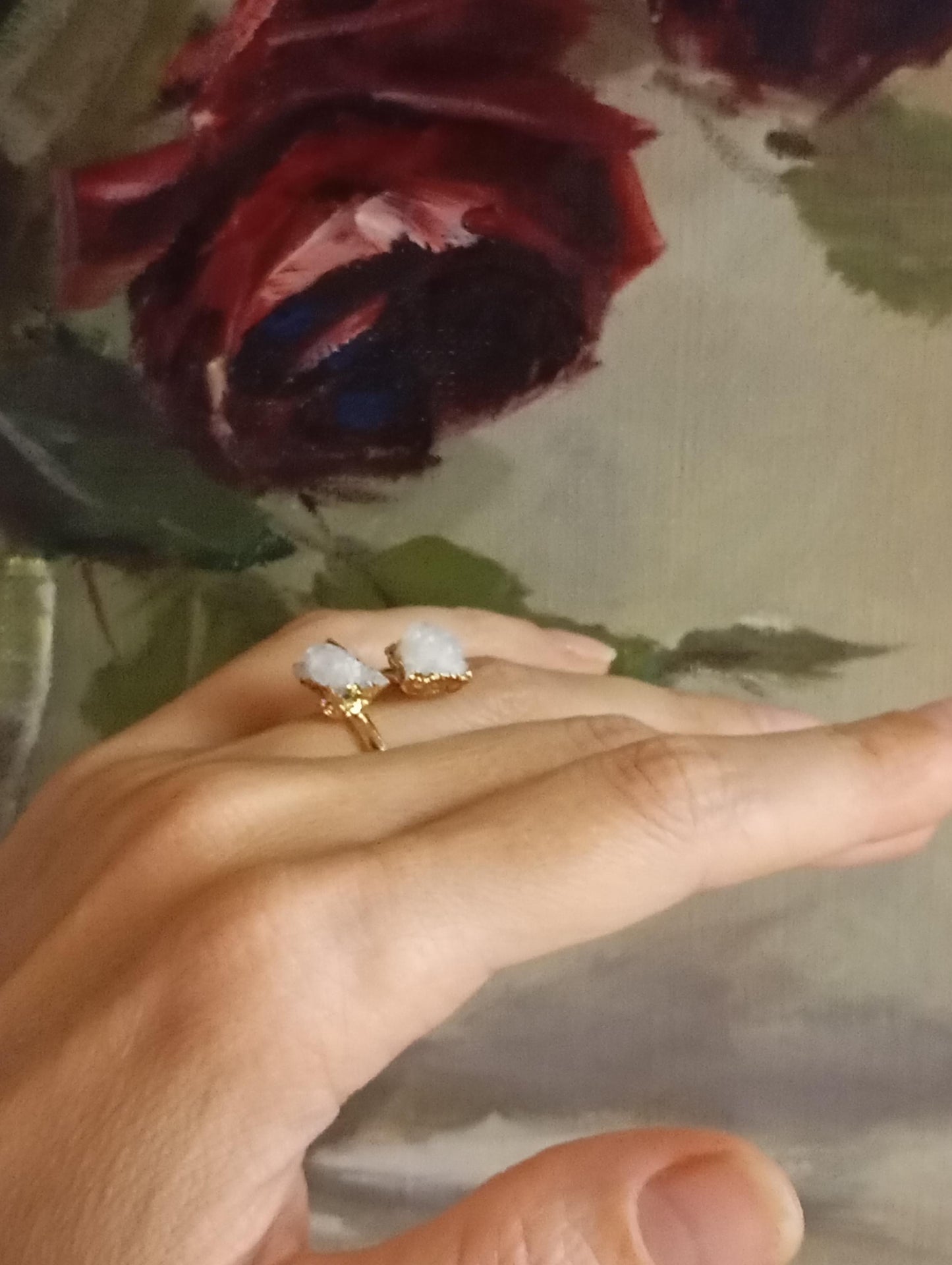 Raw white druzy quartz crystal, adjustable open finger ring, fashion dainty elegant women protection semiprecious stone, natural gemstone