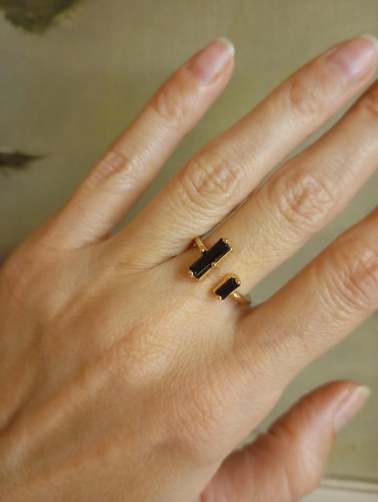Adjustable open finger ring with Raw Black Tourmaline , natural gemstone, fashion dainty elegant women protection stone