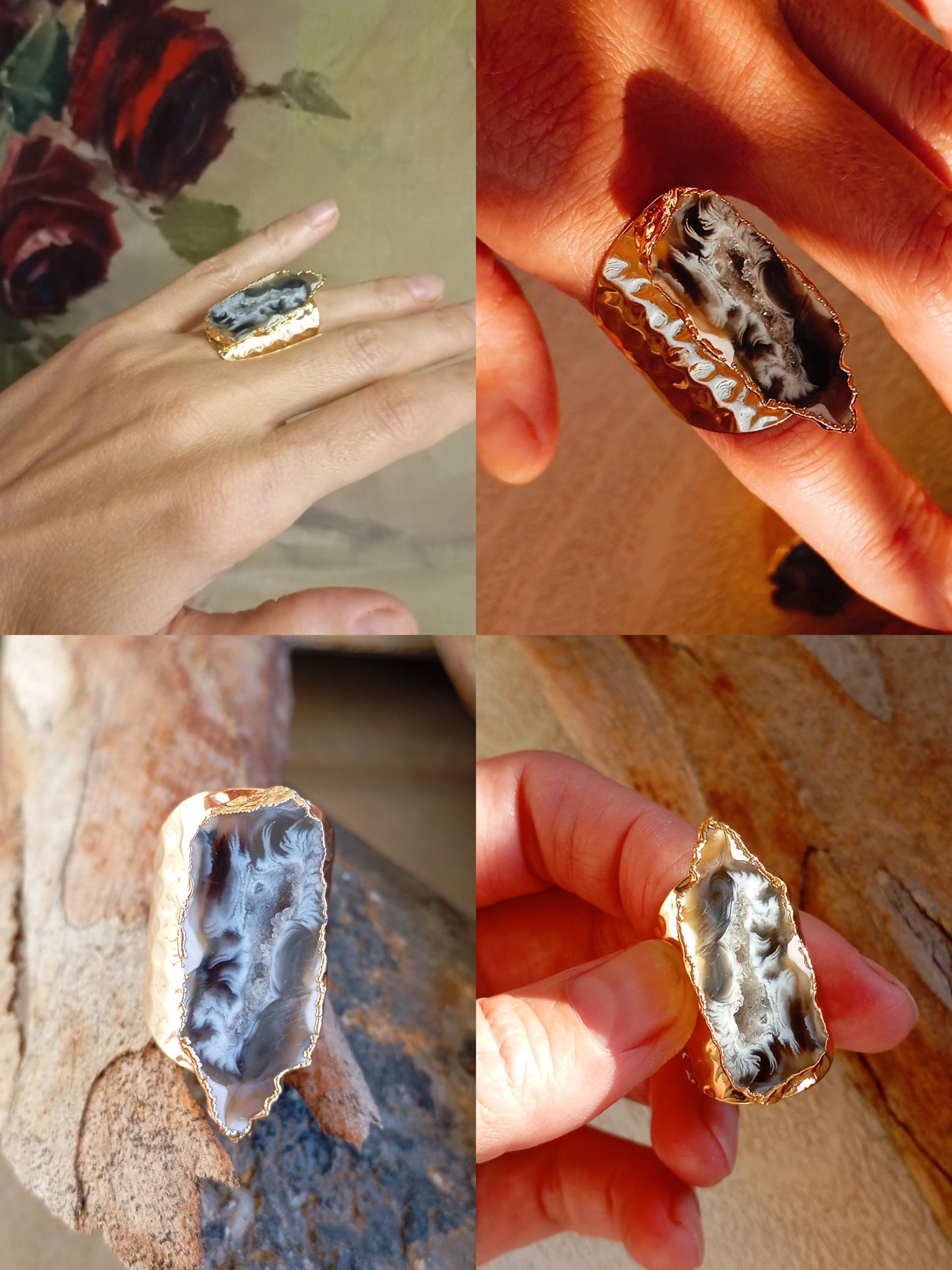 Raw Lace agate geode adjustable finger ring, antique, bohemian healing, protection, natural gemstone, fashion dainty elegant gift for women