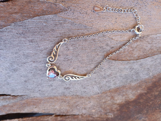 Purple Zircon Heart Angel Wings chain bracelet, sterling silver, love charm trendy bohemian, gift for women