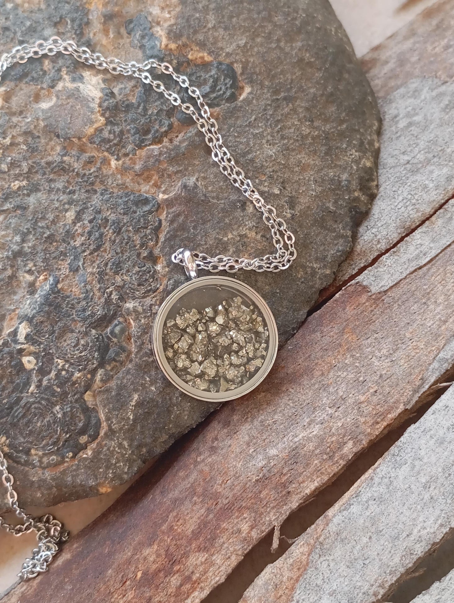 Raw Pyrite Cubes Crystals Necklace, round glass locked Pendant Necklace, Wealth stone Natural Gemstone Necklace, Protection Jewellery