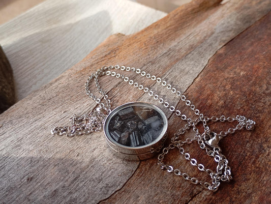 Raw Black Tourmaline in round glass locked Pendant Protection Necklace, Gemstone Healing crystal,bohemian charm reiki, mascot