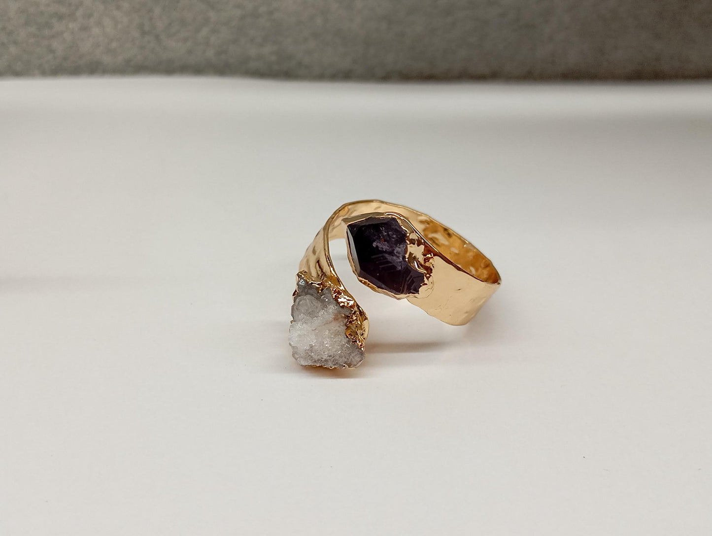 Raw Amethyst and quartz druzy crystals adjustable open finger ring, gold plated,bohemian dainty elegant,protection, mascot,party, wedding