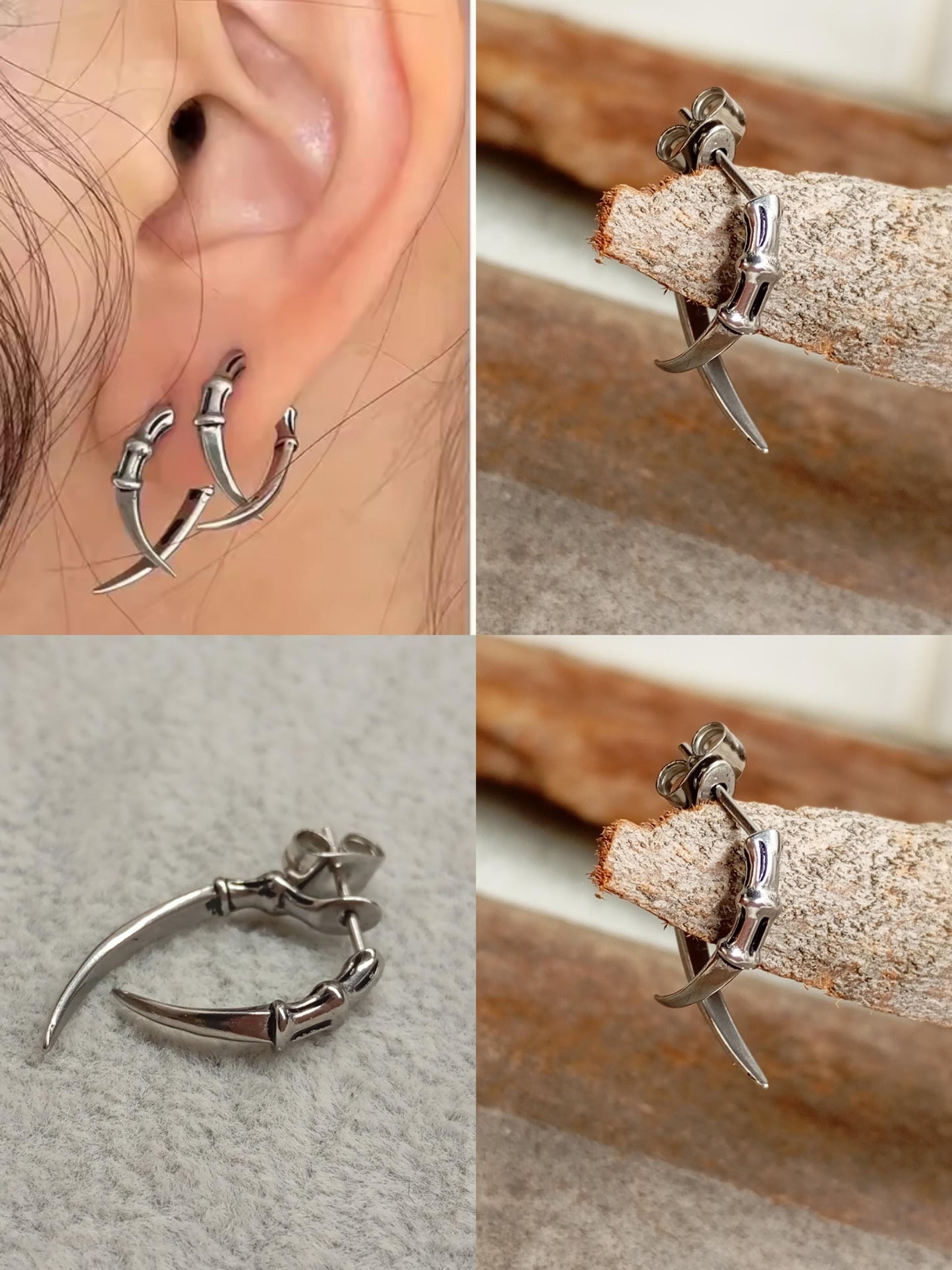 claws earring front back claw earring for men or women, surgical steel, 1pc or pair, Gothic Punk Hippie, party , Piercing, Halloween