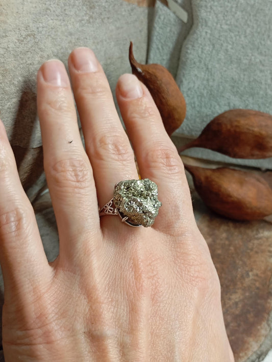 Big Sparkly Raw Pyrite ring adjustable open finger stainless steel ring,attracts success wealth property crystal cluster ring, natural gem