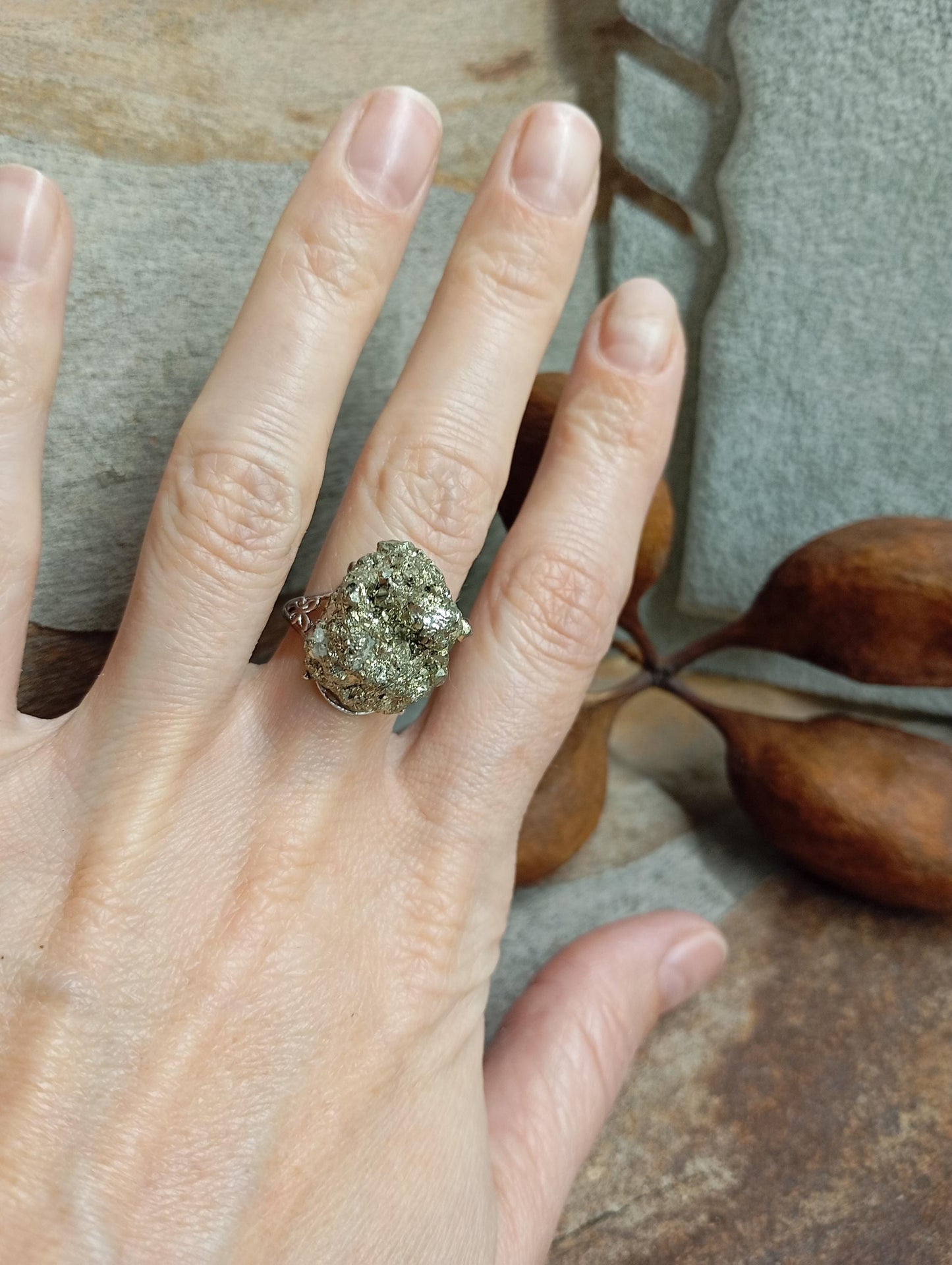 Big Sparkly Raw Pyrite ring adjustable open finger stainless steel ring,attracts success wealth property crystal cluster ring, natural gem