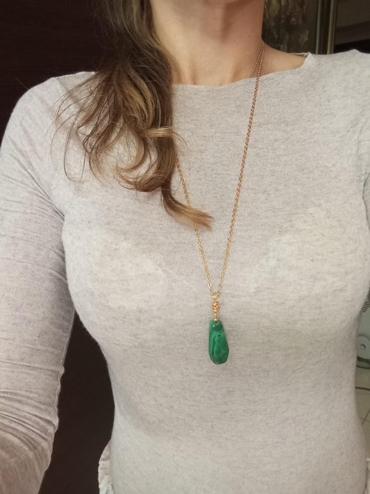 Green Malachite Pendant necklace, unique, Natural gemstone, gold plated stainless steel chain, handmade, wire wrap, gift for women, bohemian