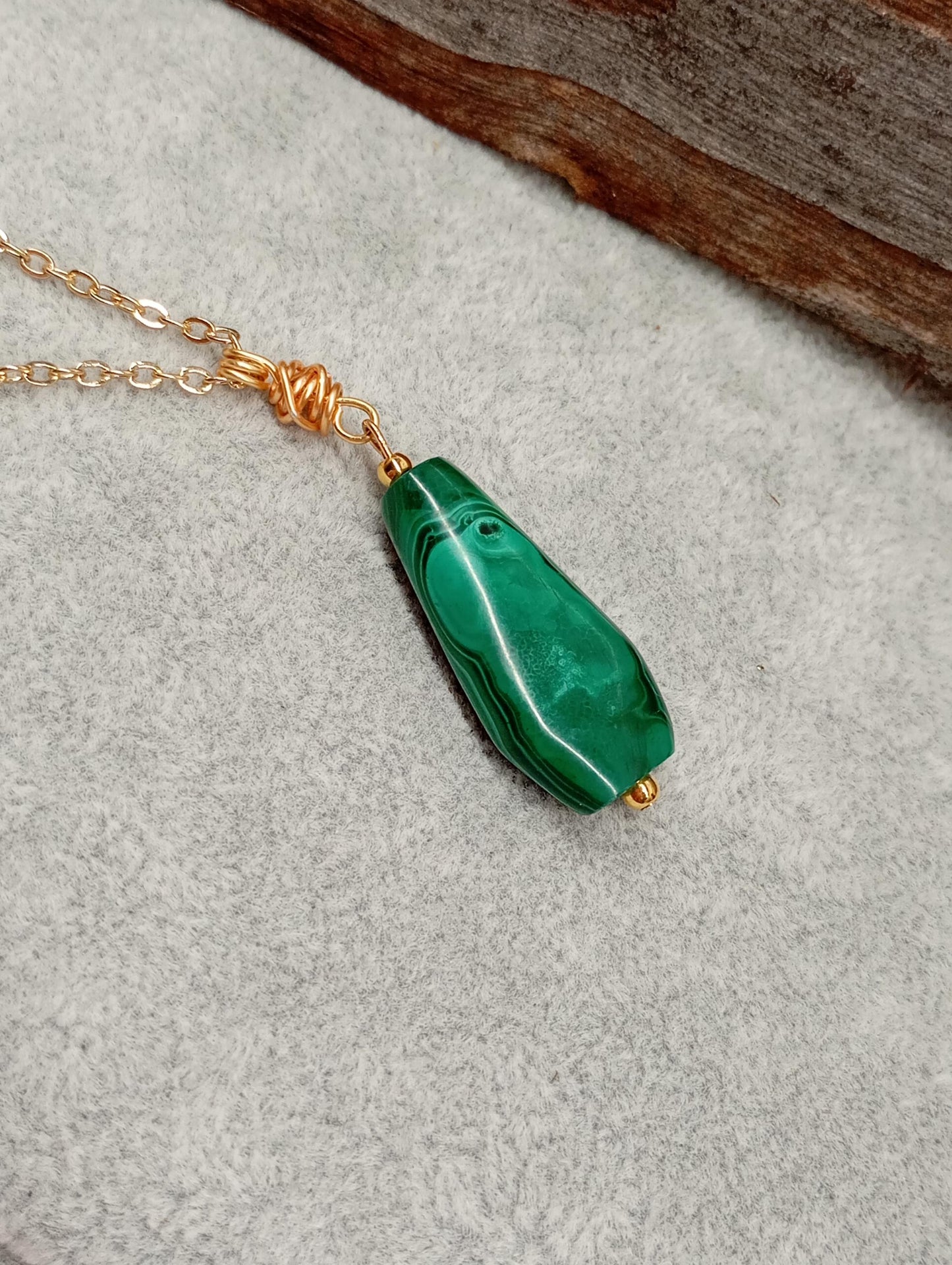 Green Malachite Pendant necklace, unique, Natural gemstone, gold plated stainless steel chain, handmade, wire wrap, gift for women, bohemian