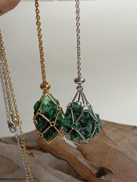 Natural Raw Malachite replaceable crystal stainless steel Cage Holder Crystal Pendant chain Necklace, Protection Healing Jewelry