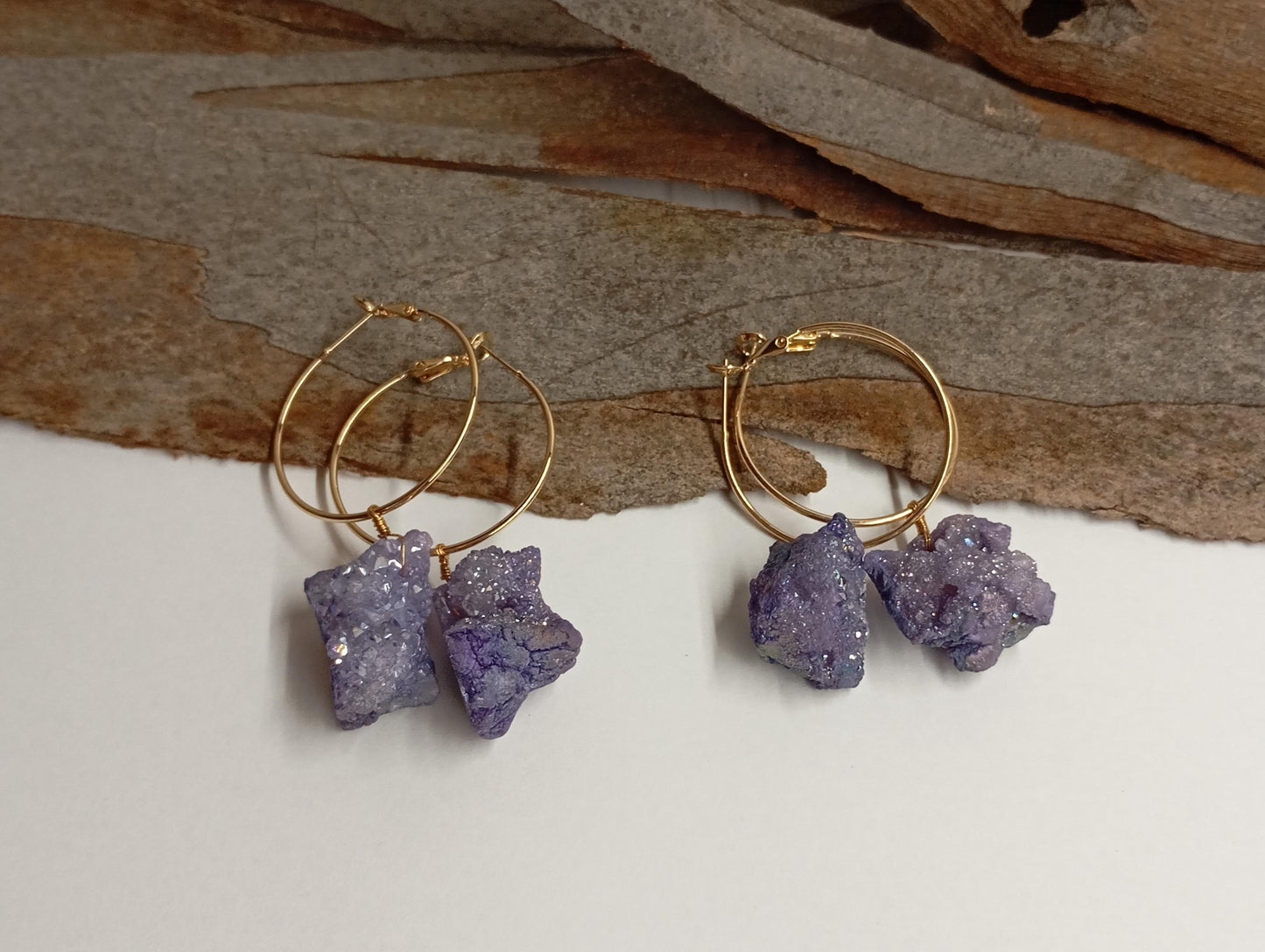 Blue aura Druzy quartz crystal cluster Hoop Earrings, circle dangle earrings, protection healing, gorgeous,dainty charm earrings, gem