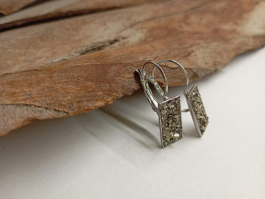 Pyrite rectangular Earrings, Healing Protection, Catching eye, Sparkly crystals, Dainty Elegant Evening Wedding Party Natural Gemstone