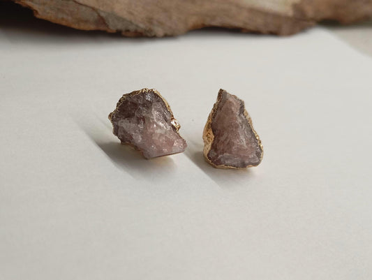 Strawberry Quartz Stud Earrings – Gold Plated Pink Raw Gemstone