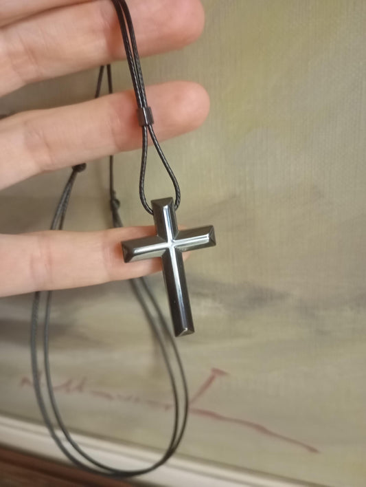 Hematite Cross Pendant Necklace, Christian Religious Classic Cross Gemstone Cross, black cord necklace Men Gift for beliver, prayer