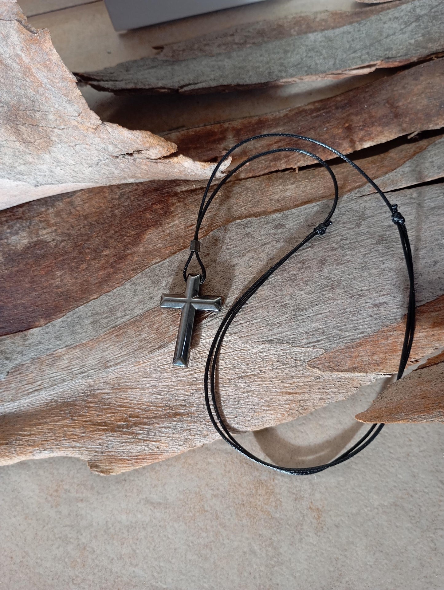 Hematite Cross Pendant Necklace, Christian Religious Classic Cross Gemstone Cross, black cord necklace Men Gift for beliver, prayer