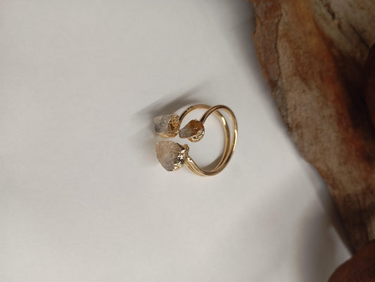 Raw Citrine three crystals gold edge crystal open finger ring, gemstone, exquisite dainty elegant, wedding, gift for women, healing mascot