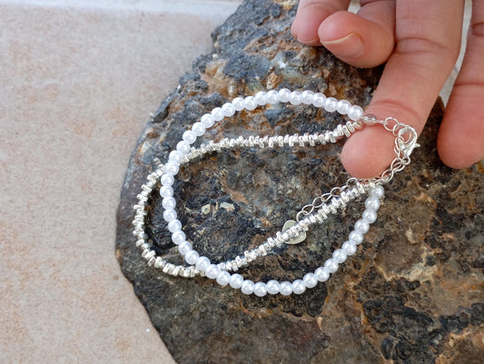 Sterling Silver Bracelet with White Pearl Beads