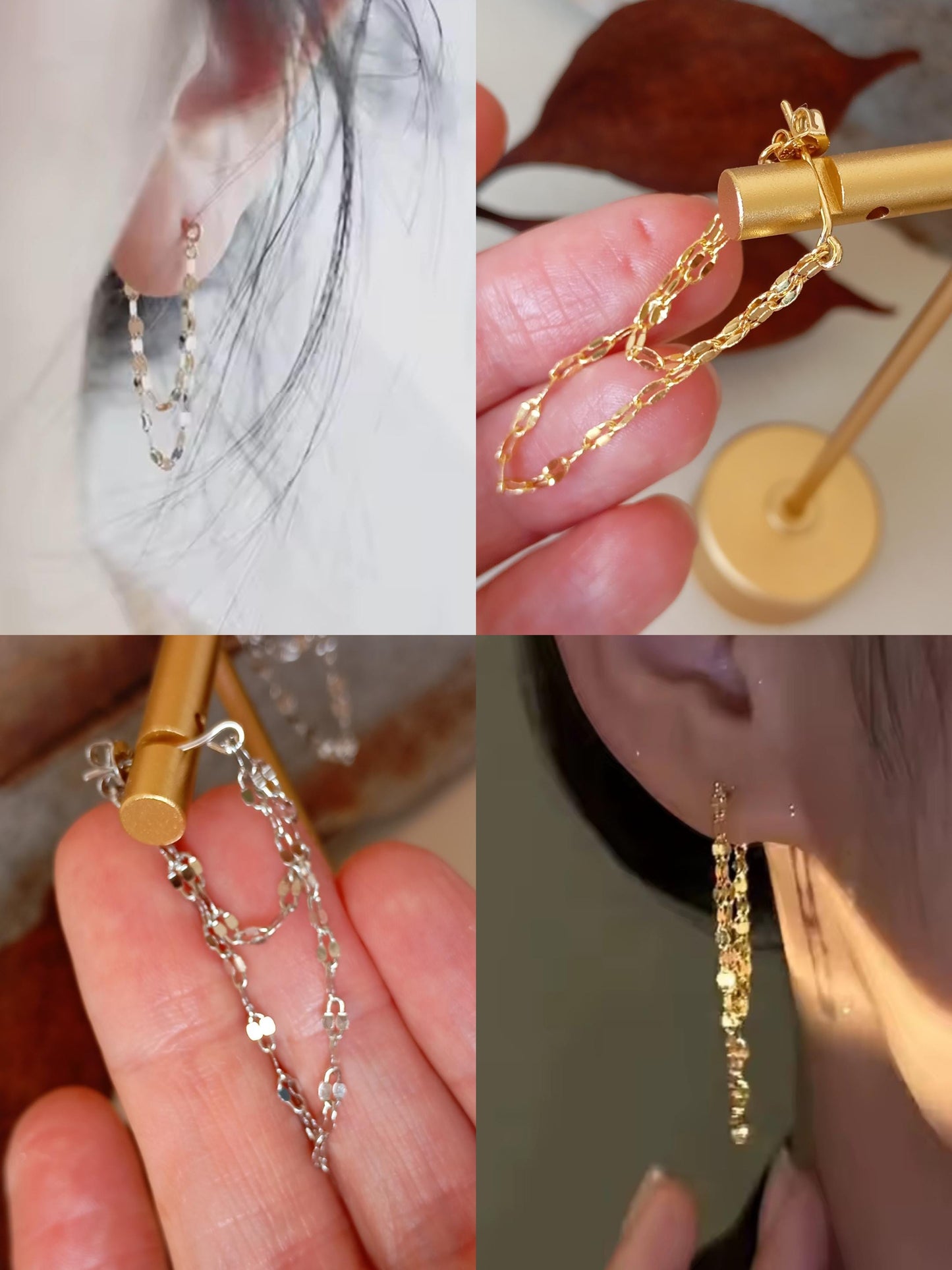 Elegant Double Chain Earrings Studs, sterling silver & gold plated, fashion design, Party, Wedding, Daily, Dainty, trendy