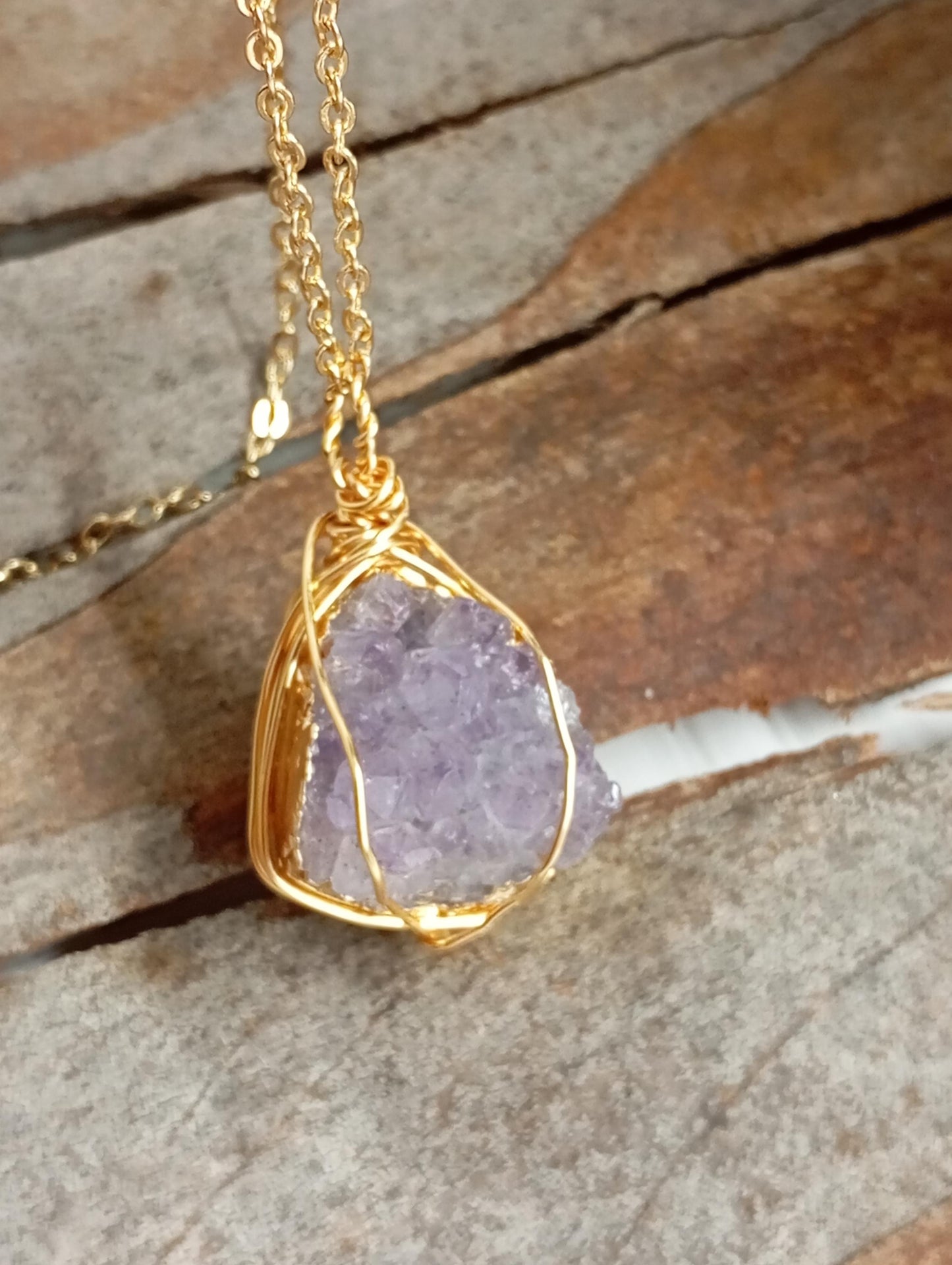 Natural Raw Amethyst druzy Crystal cluster Pendant Necklace For Women, wire wrap Gemstone Necklace,Healing Protection, virgo birthstone