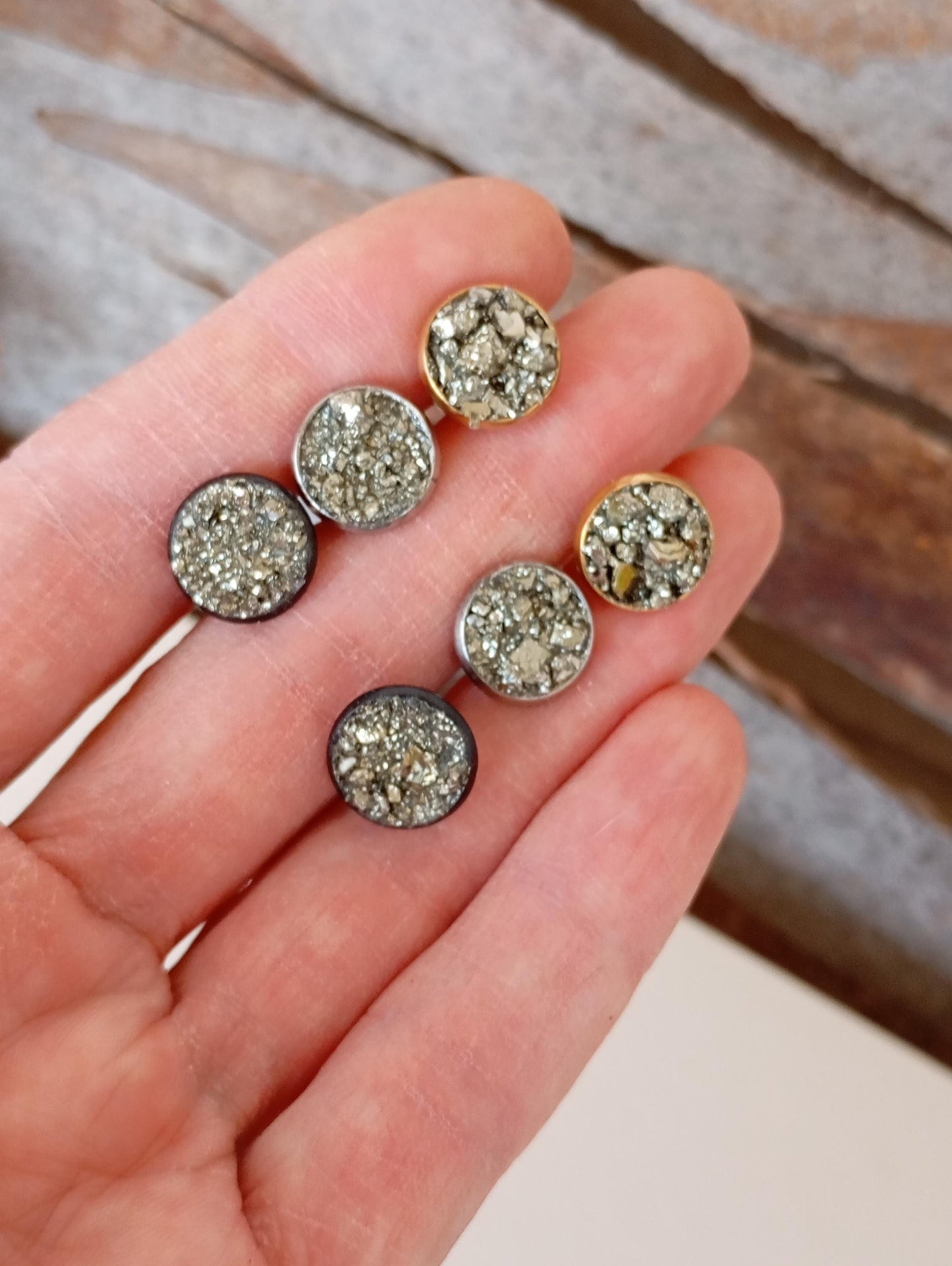 Raw Pyrite Stud Earrings round cabochon studs raw Iron Pyrite cubes jewelry,healing protection dainty handmade gemstone gift for girlfriend