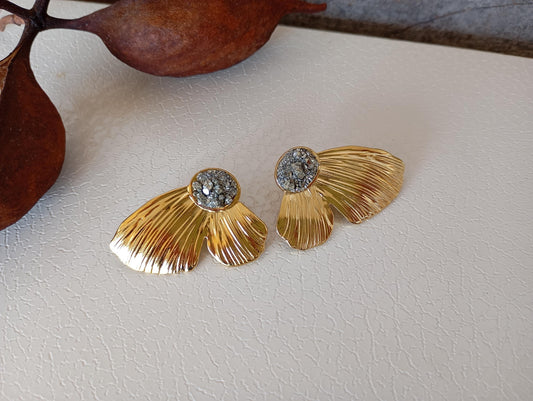 Natural Pyrite Earrings, flower leafs studs, wealth stone, Stainless steel studs , Handmade natural-inspired Bohemian Dainty Elegant Unique