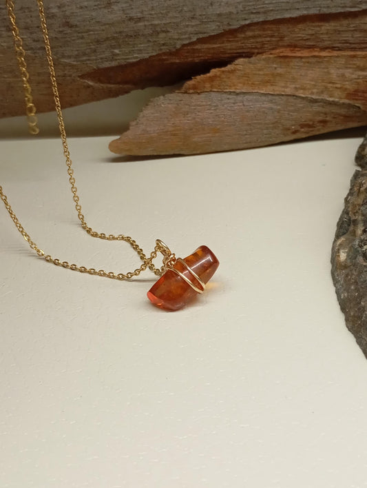 Handmade Baltic Amber Necklace – 24K Gold Plated Copper Wire Wrap, Stainless Steel Chain 45cm, Unique Natural Gemstone Pendant
