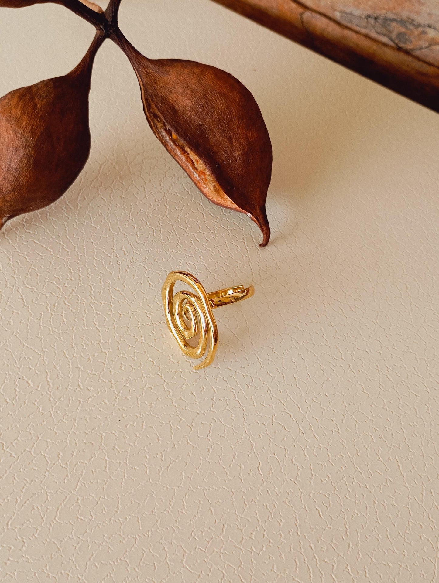 Gold Spiral Open Ring Adjustable Stainless Steel Statement Ring, Bold Modern Jewelry Gift for Her