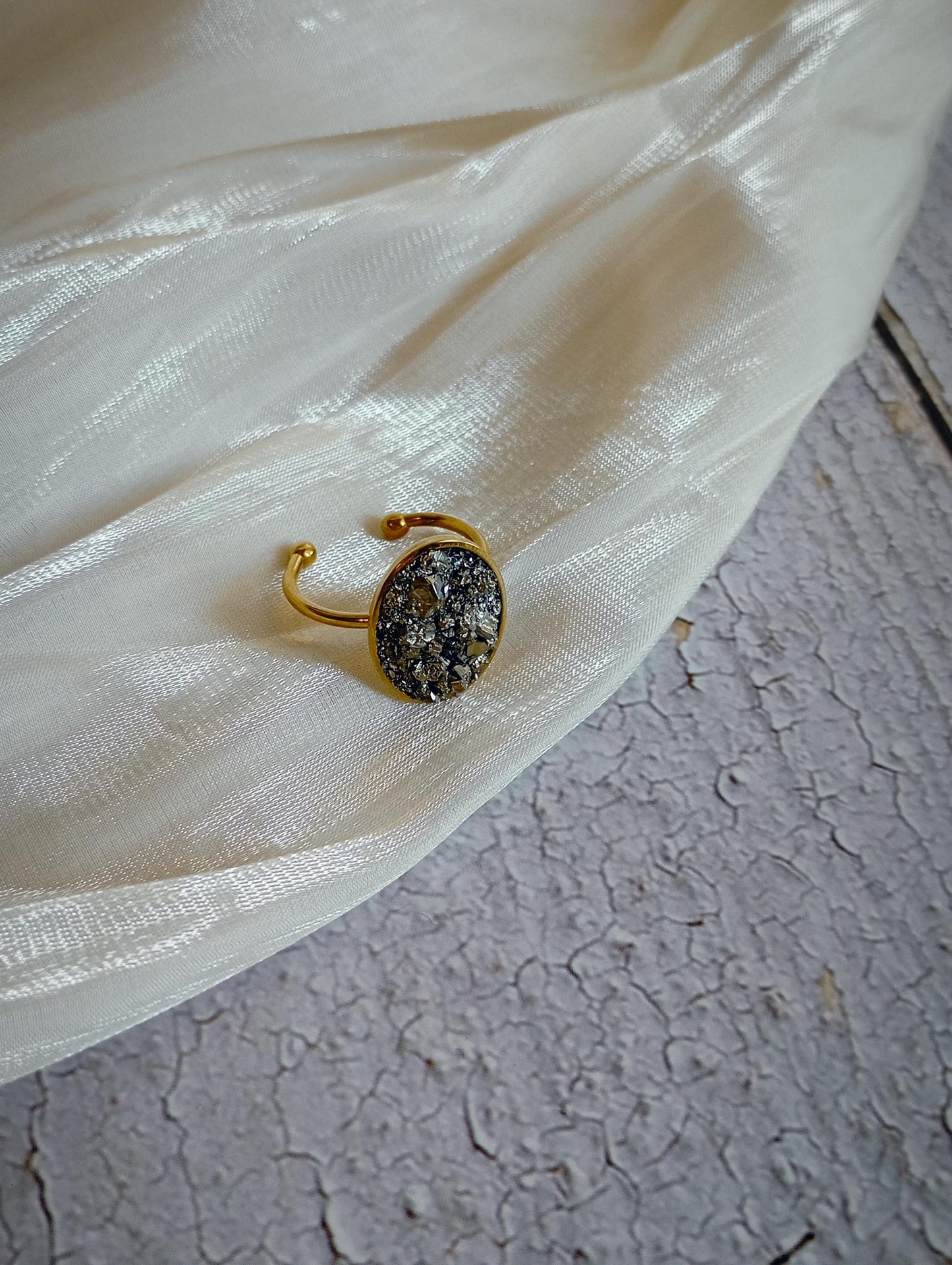 Raw Pyrite Adjustable Ring – Gold Plated Oval Boho Statement Ring