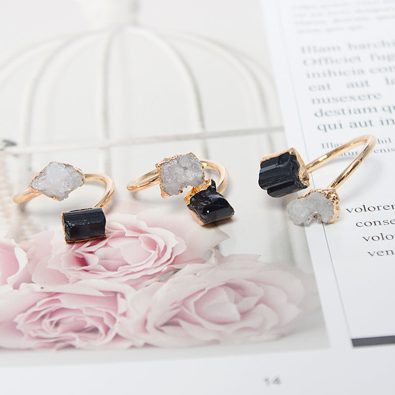 Open finger ring with two raw crystals Black Tourmaline and quartz druzy crystal, natural gem, fashion dainty elegant healing protection