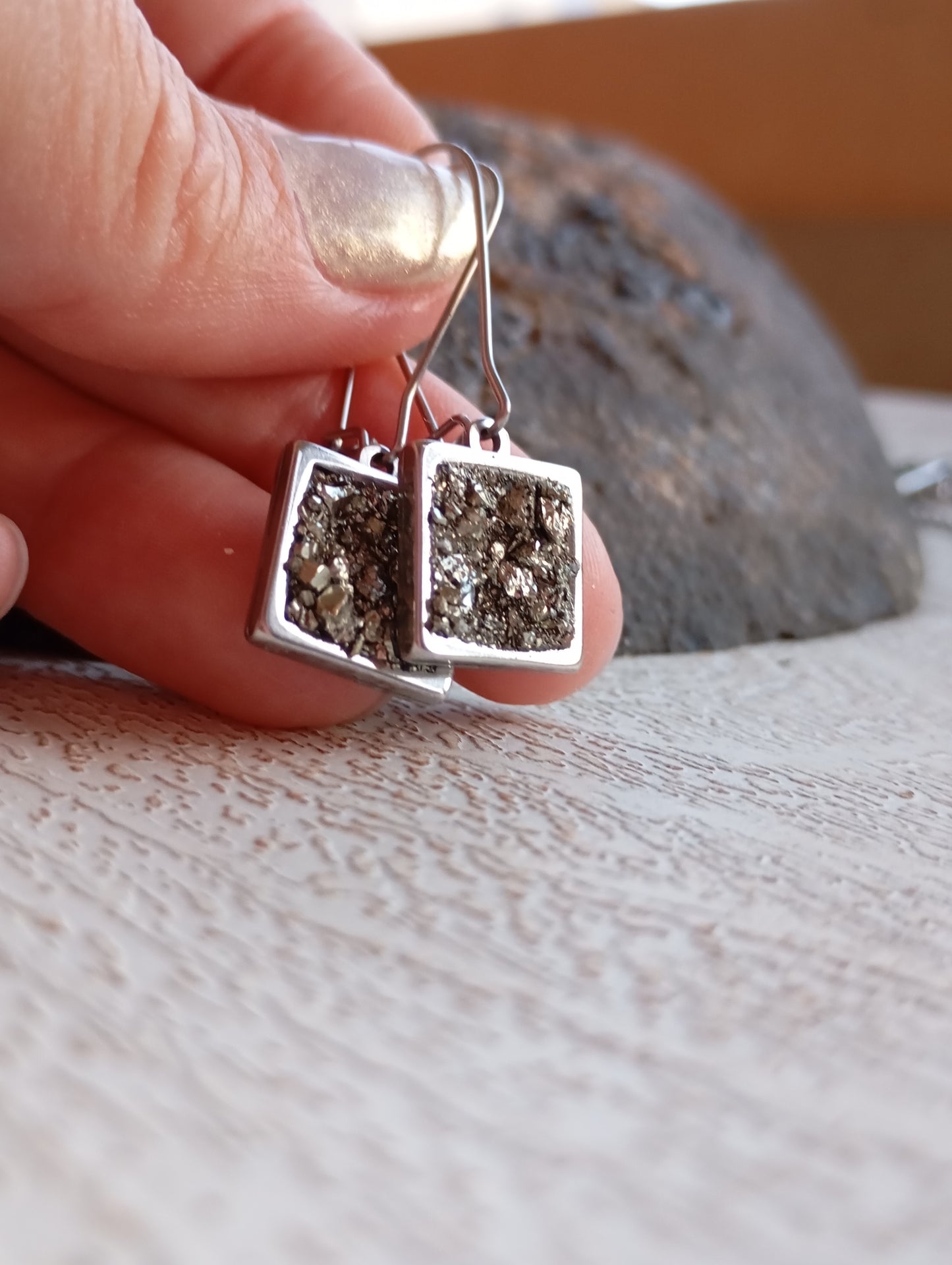 Raw Pyrite Square Earrings, stainless steel, wealth stone, Healing, Protection, gorgeous charm earrings,handmade dainty natural raw gemstone