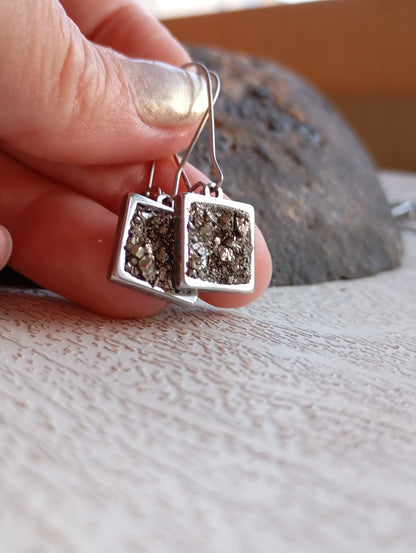 Raw Pyrite Square Earrings, stainless steel, wealth stone, Healing, Protection, gorgeous charm earrings,handmade dainty natural raw gemstone