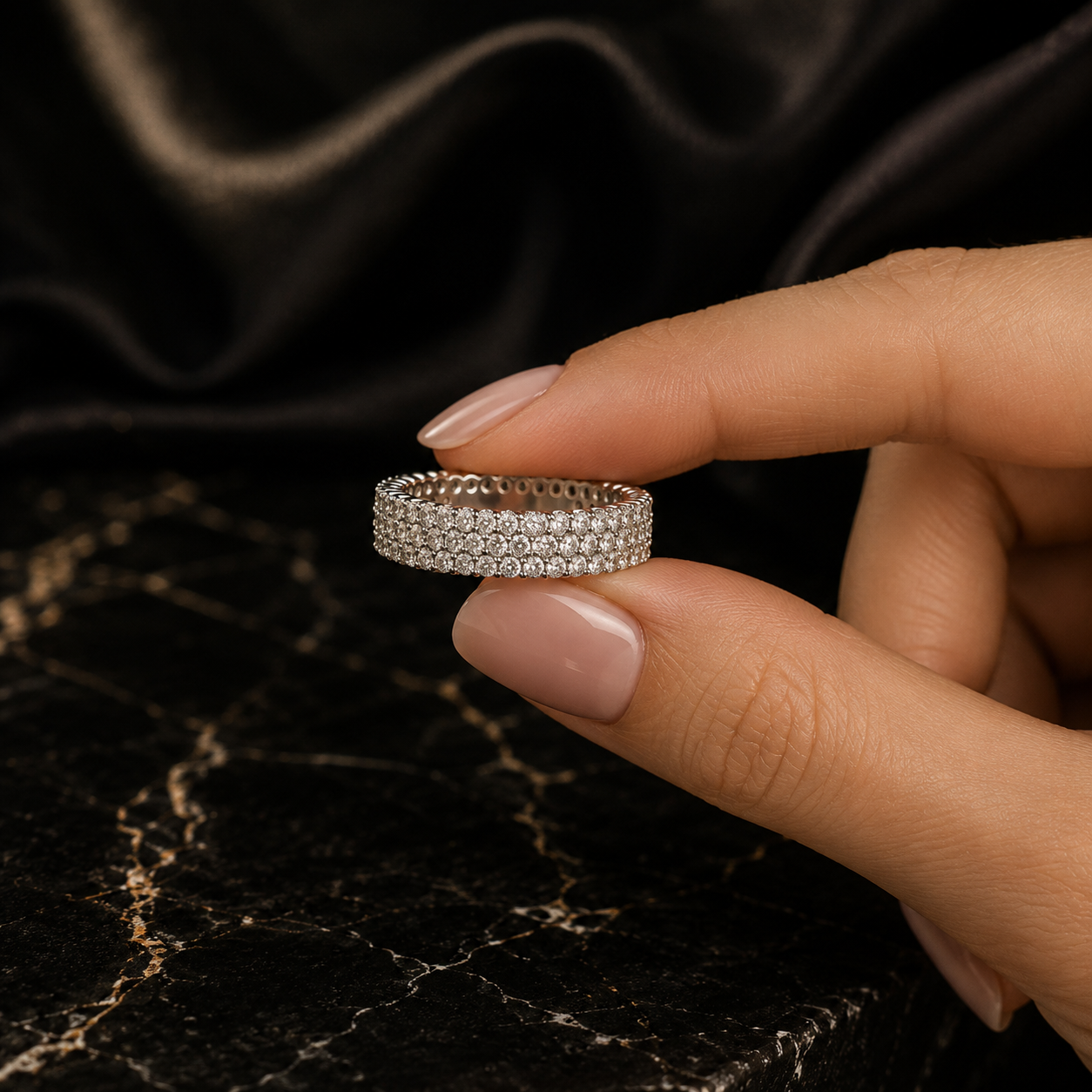 18K Gold Moissanite Eternity Ring – 3 Row Pavé Wedding Band