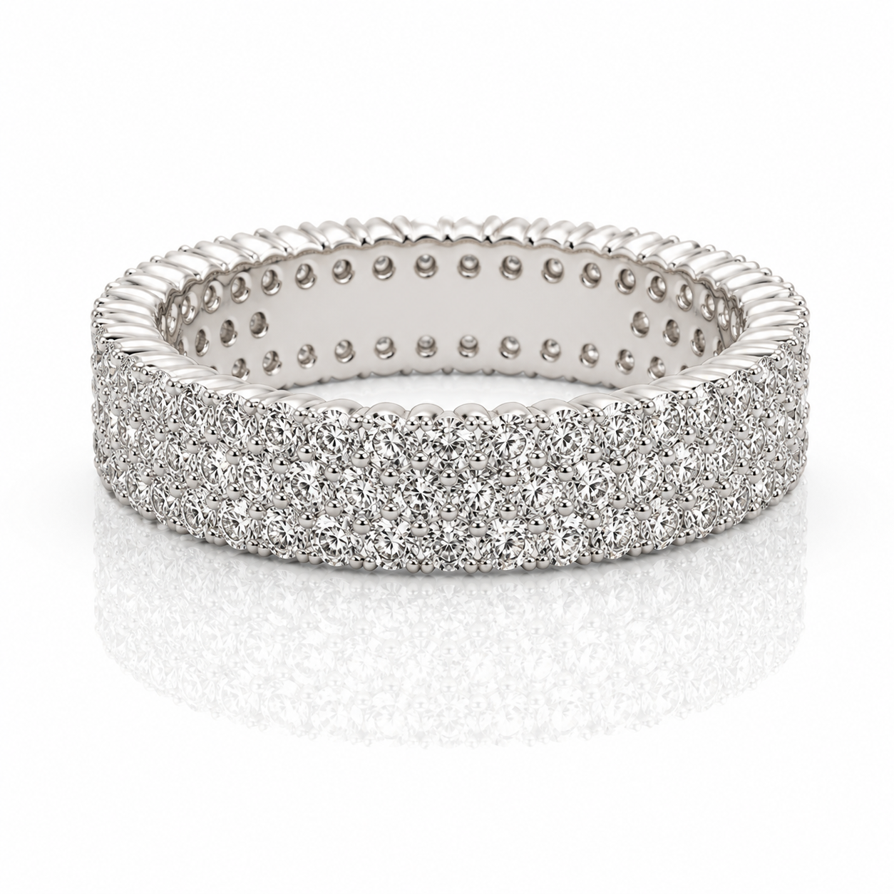 18K Gold Moissanite Eternity Ring – 3 Row Pavé Wedding Band
